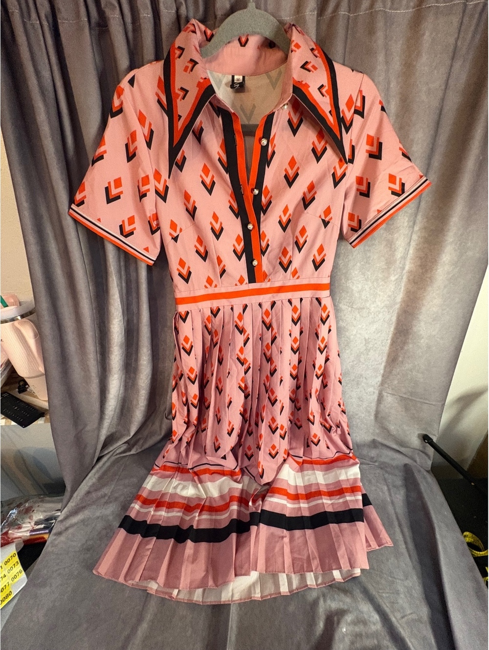 Feiinva Pink Geometric Pleated Shirt Dress Size M